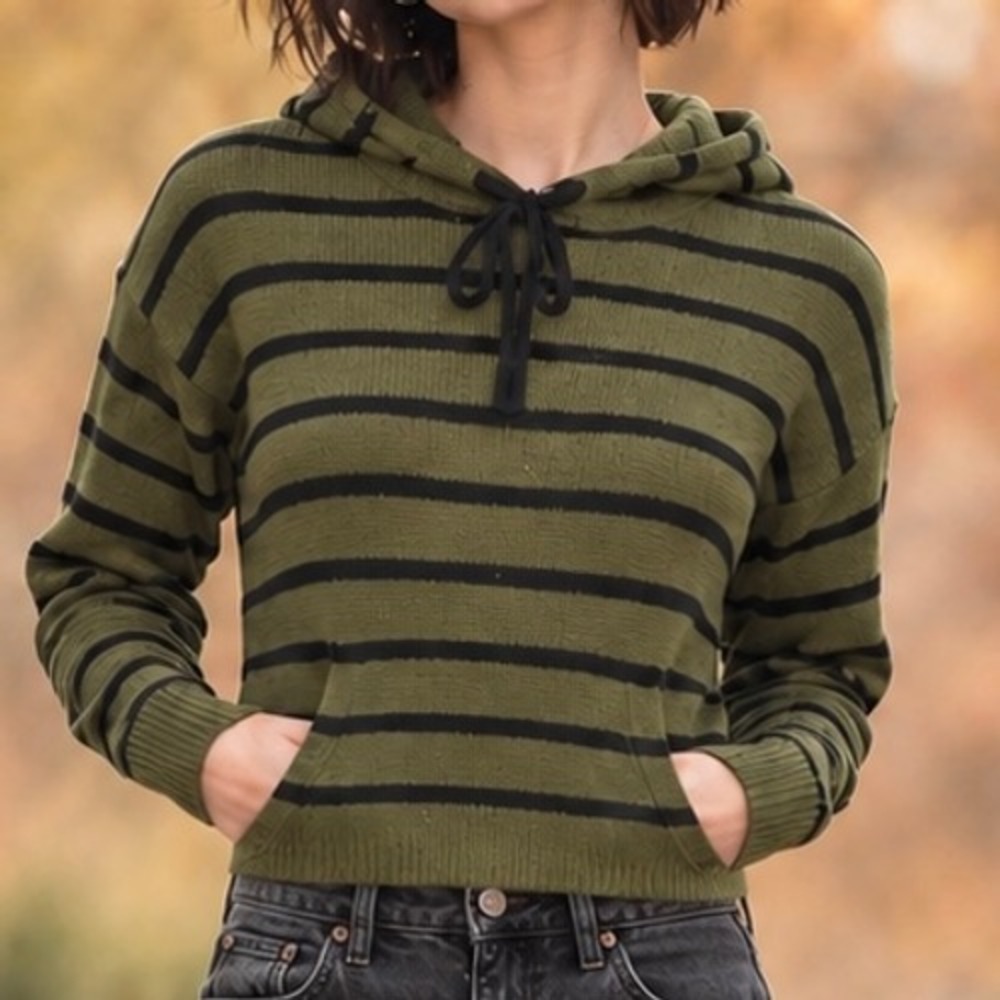 NWT Olivaceous Wool Blend Striped Hooded Sweater Olive Black Grunge Indie Sleaze